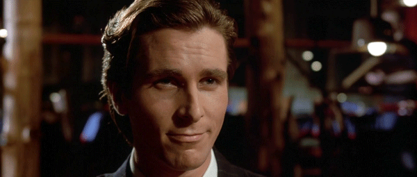 Christian Bale GIF. Films en series Gifs American psycho Filmsterren Christian bale Lachend Lach Patrick bateman 