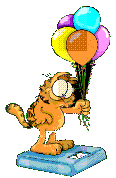 Garfield op weegschaal met ballonnen