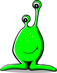 Leuke groene alien zonder handen die met zijn grote voeten wijs op de grond staat te kijke