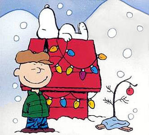 Cliparts Cartoons Kerst snoopy Man Staat Buiten In De Sneeuw Zijn Huis Is Versiert Met Gekleurde Lampjes 