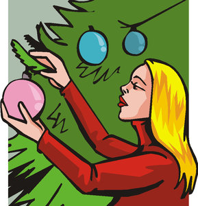 Cliparts Kerstmis Kerst bomen Groene Kerstboom Twee Blauwe Kerstballen Vrouw Lang Geel Haar Rode Trui Hoge Kol Rode Lipp