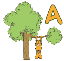 Alfabetten Garfield hangt aan boom 