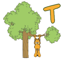 Alfabetten Garfield hangt aan boom 