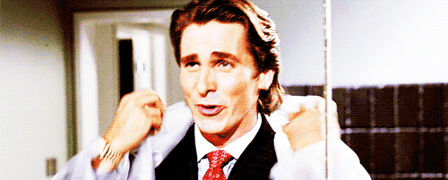 Christian Bale GIF. Films en series Gifs American psycho Filmsterren Christian bale Lachend Lach Patrick bateman 