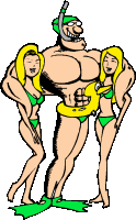 Sport plaatjes Bodybuilding Bodybuilder Met Twee Vrouwen Bikini Zwembroek