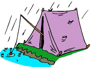 Cliparts Beroepen Vissers Paarse Tent In De Regen Op Een Groen Veld Staat Water Voor De Tent Uit De Tent Een Hengel 