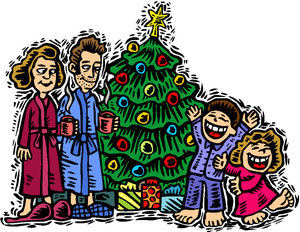 Cliparts Kerstmis Strepen Familie Staat Bij De Kerstboom En De Kinderen Zijn Blij Dat Er Cadeautjes Onder Liggen