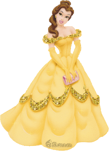 Belle en het beest Disney plaatjes Belle In Gele Glitter Jurk Met Tasje