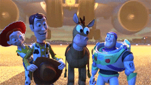 Films en series Films Toy story 2 Woody Buzz Jessie En Bullebeest Schrikken Van Het Vliegtuig