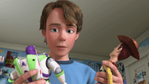 Films en series Films Toy story 3 Andy Met Buzz En Woody In Zijn Handen