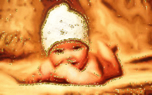 Baby Glitter plaatjes Baby Met Gebreid Mutsje En Oranje Achtergrond Glitter
